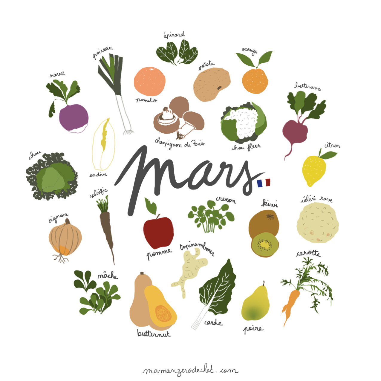 Calendrier des fruits et légumes de saison [MARS] - Maman Zéro Déchet